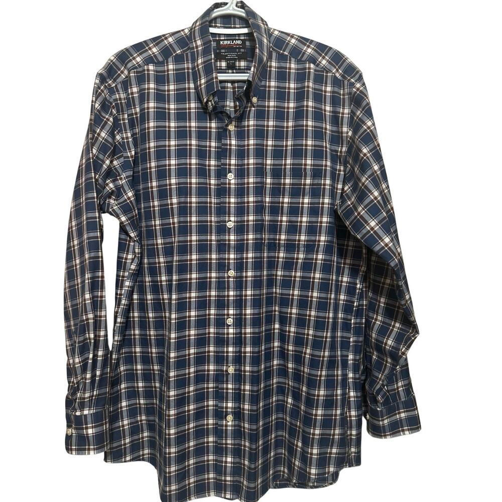 Kirkland Signature Men's Traditional Fit Blue Brown Plaid Long Sleeve Size L‎